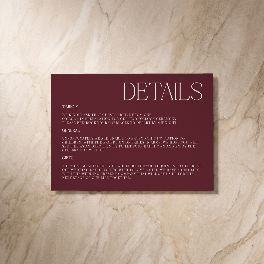 Typeface wedding details card in maroon, front design, designed and printed in Suffolk