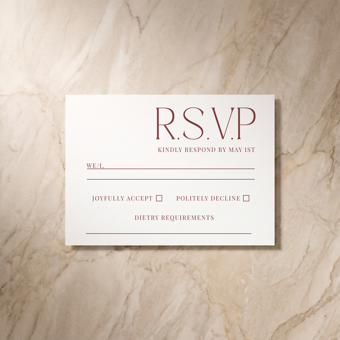 Typeface RSVP card in maroon, front design, designed and printed in Suffolk