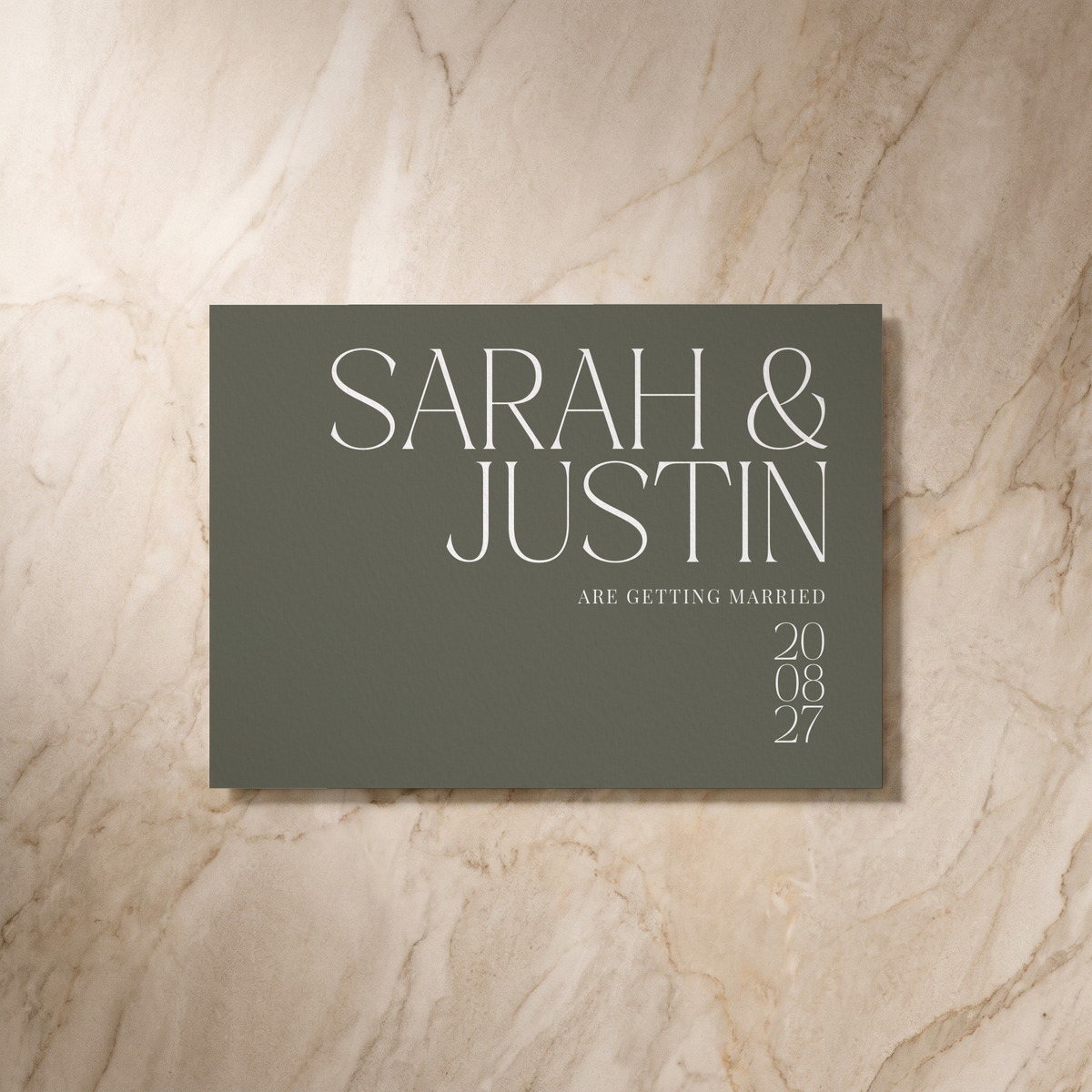Typeface save the date card in forest green, front design, designed and printed in Suffolk