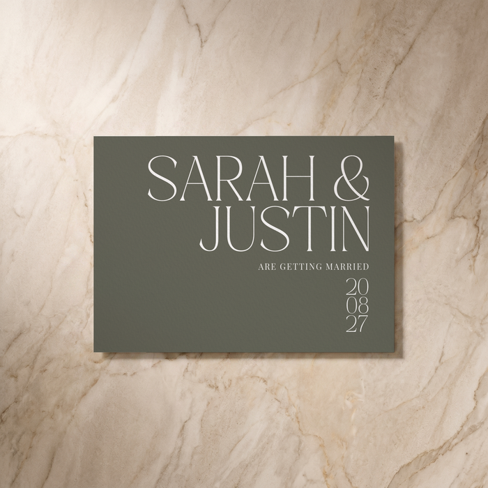 Typeface save the date card in forest green, front design, designed and printed in Suffolk