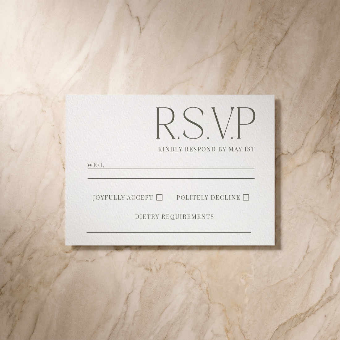 Typeface RSVP card in forest green, front design, designed and printed in Suffolk