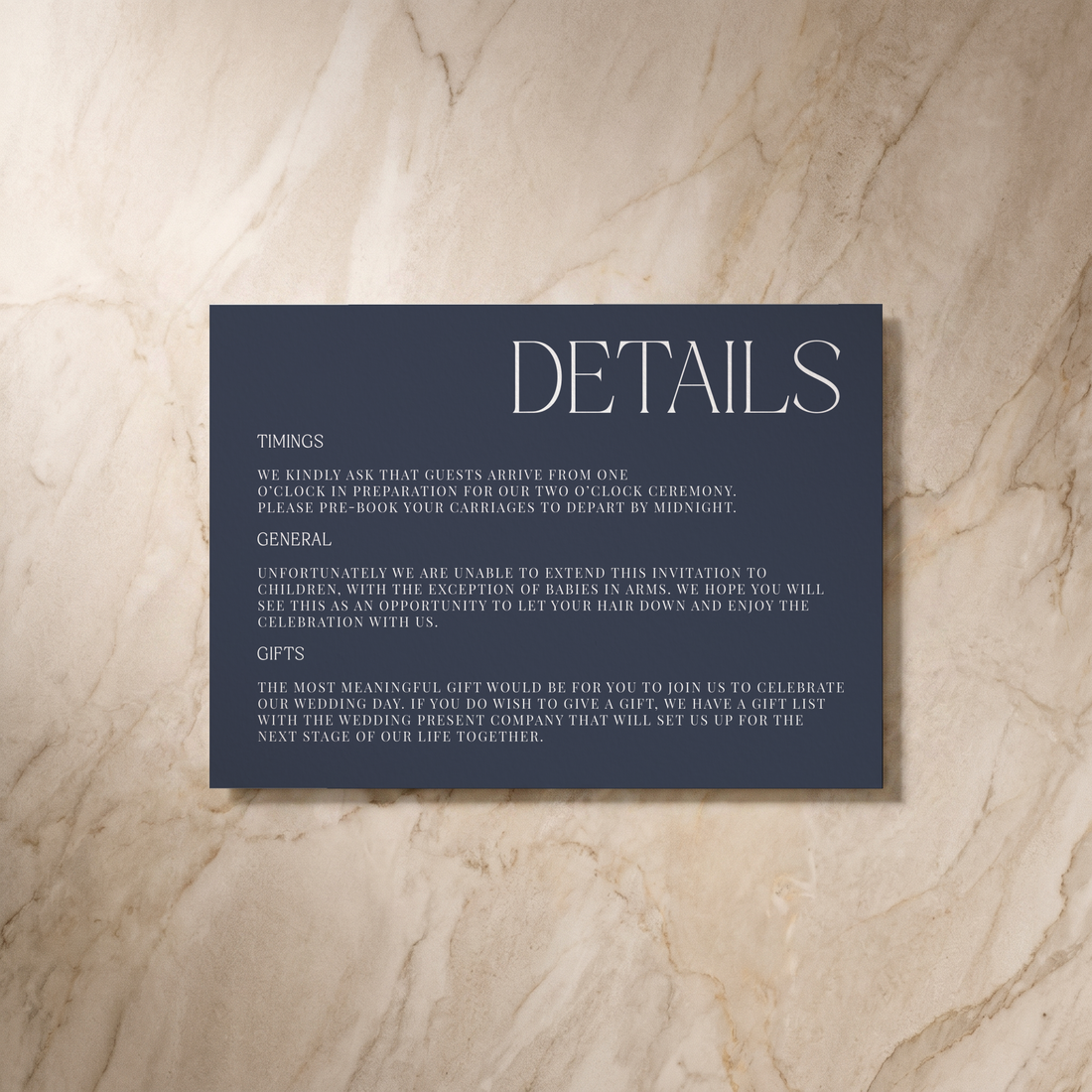 Typeface wedding details card in navy, front design, designed and printed in Suffolk