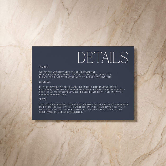 Typeface wedding details card in navy, front design, designed and printed in Suffolk
