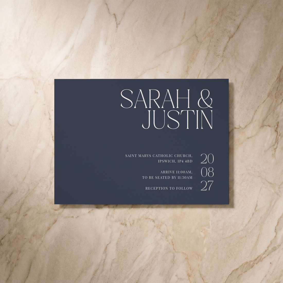 Typeface wedding invitation in navy, front design, designed and printed in Suffolk