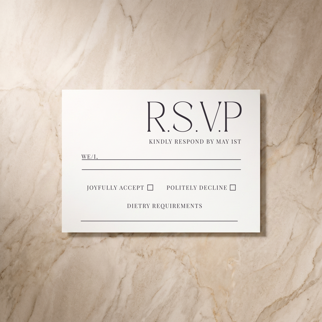 Typeface RSVP card in navy, front design, designed and printed in Suffolk