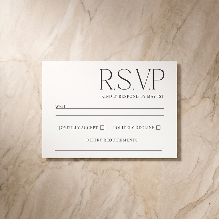 Typeface RSVP card in navy, front design, designed and printed in Suffolk