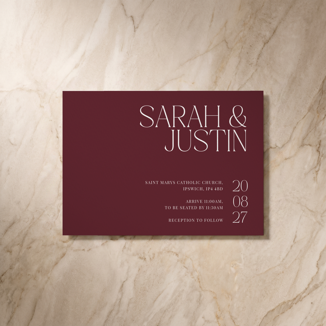 Typeface wedding invitation in maroon, front design, designed and printed in Suffolk