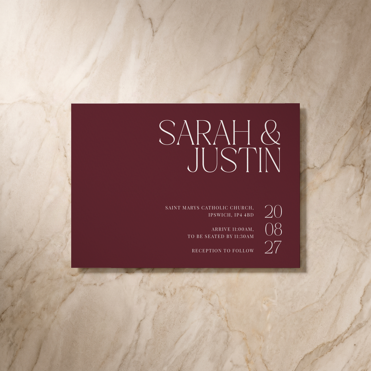Typeface wedding invitation in maroon, front design, designed and printed in Suffolk