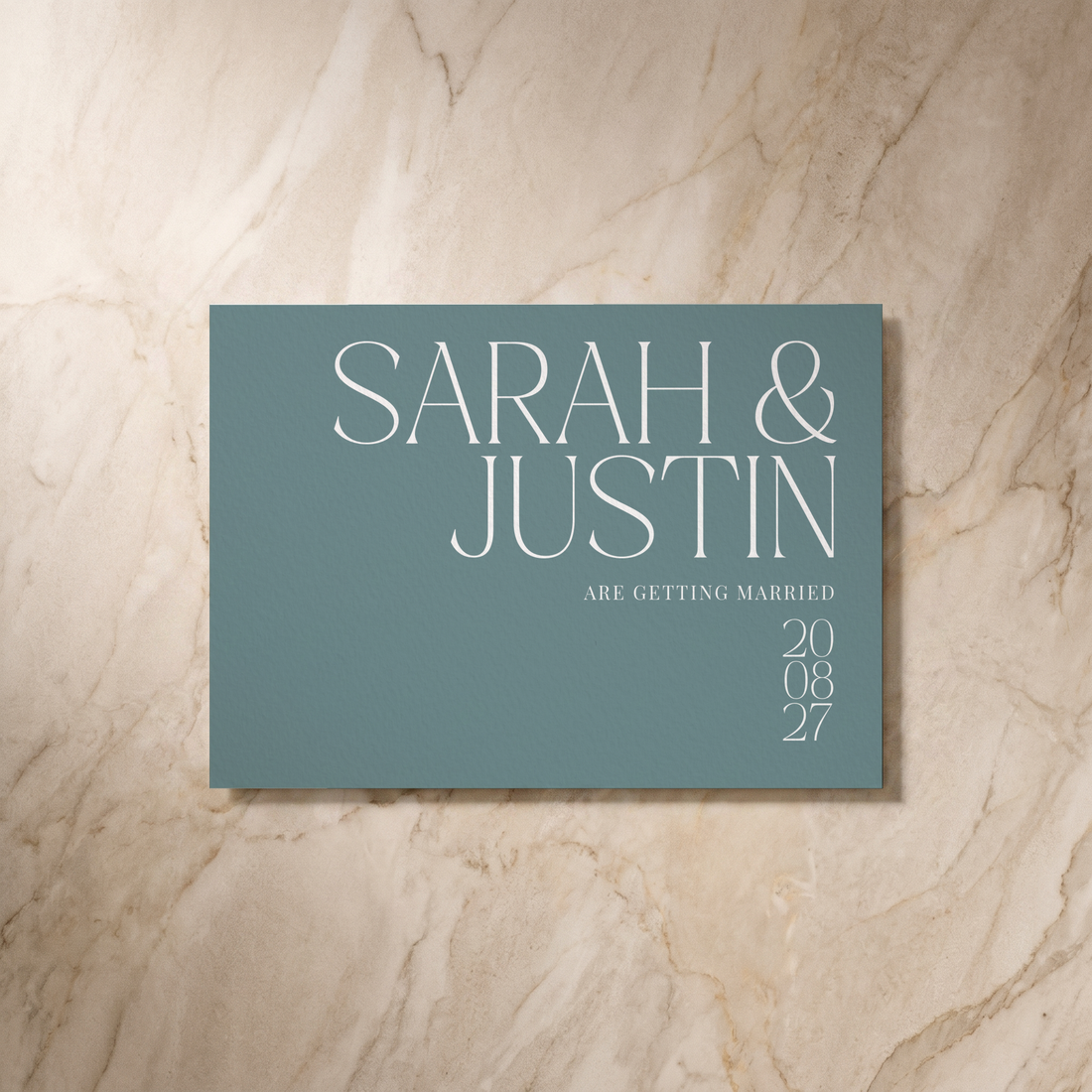 Typeface save the date card in powder blue, front design, designed and printed in Suffolk