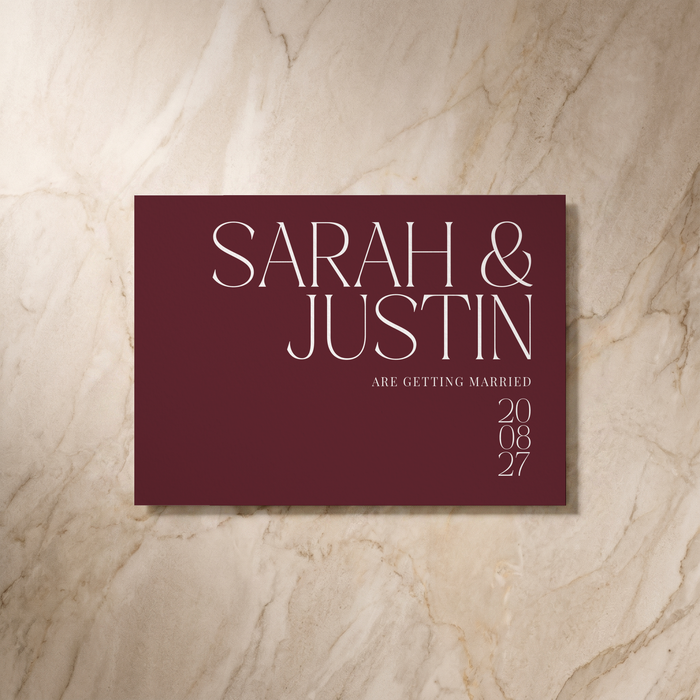 Typeface save the date card in maroon, front design, designed and printed in Suffolk
