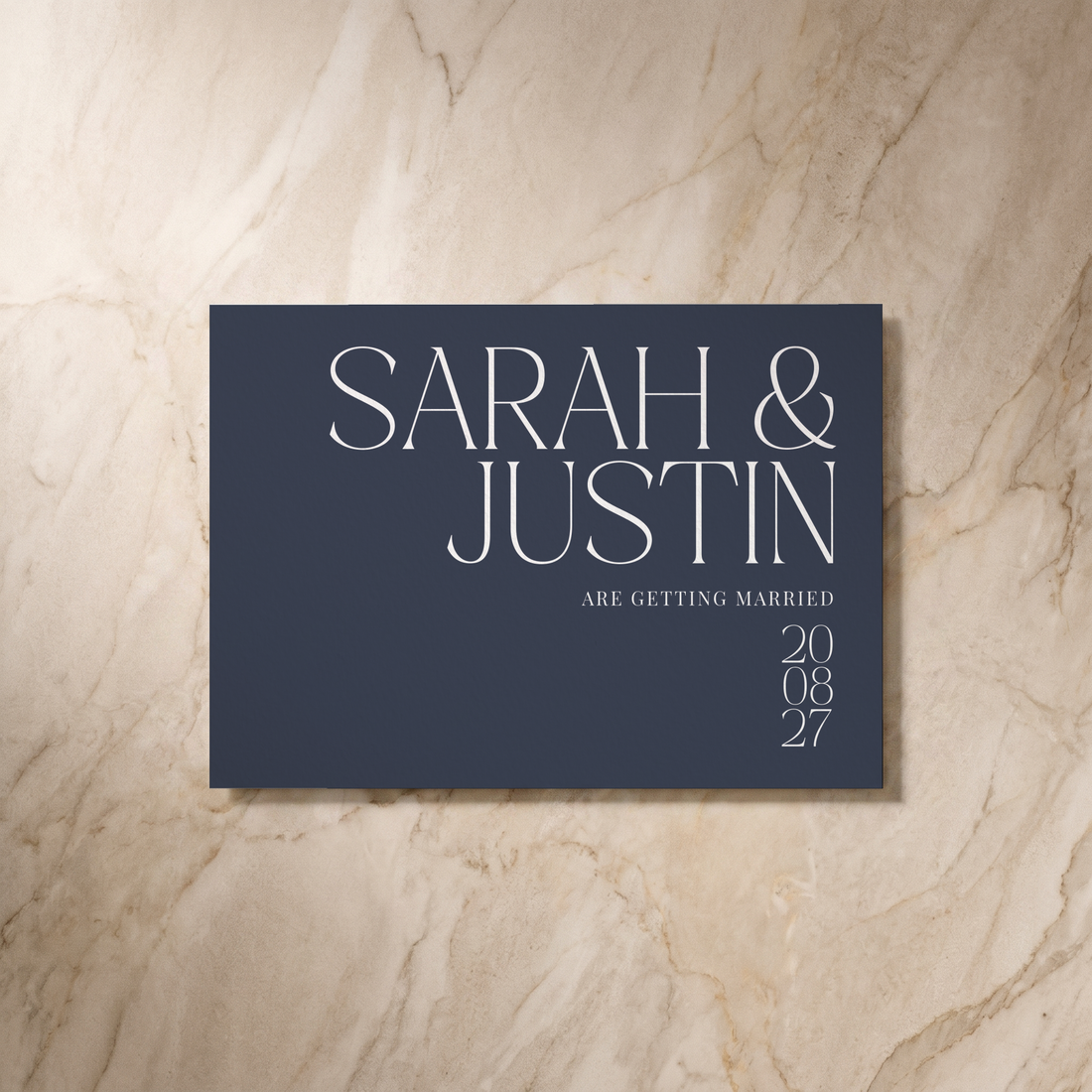Typeface save the date card in navy, front design, designed and printed in Suffolk