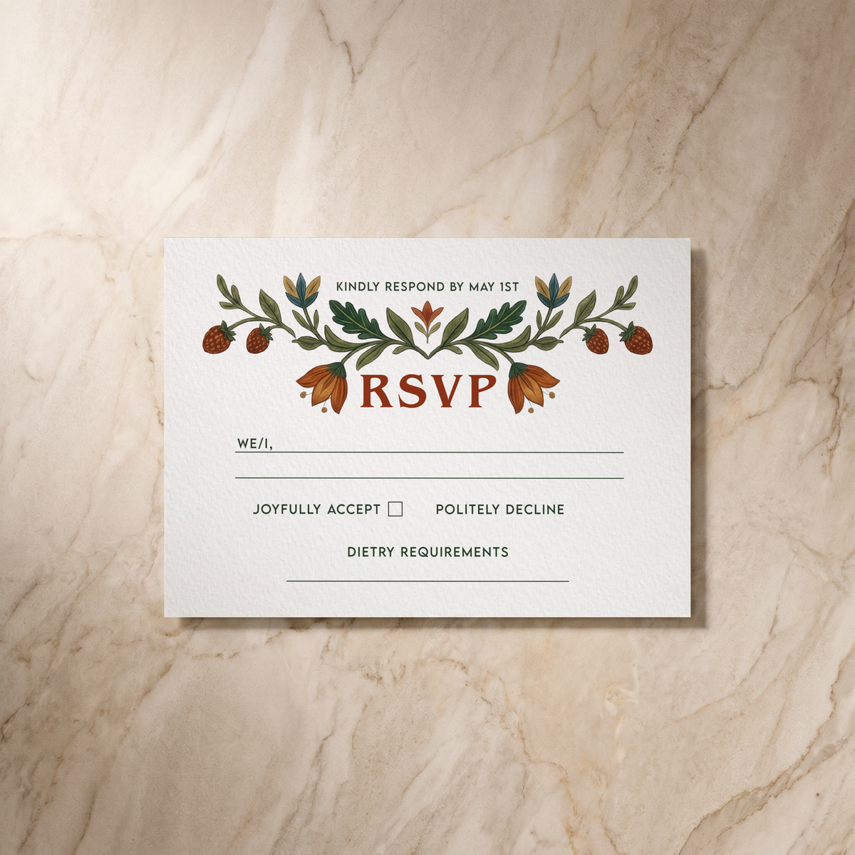 Botanical Folk RSVP card, front design, designed and printed in Suffolk