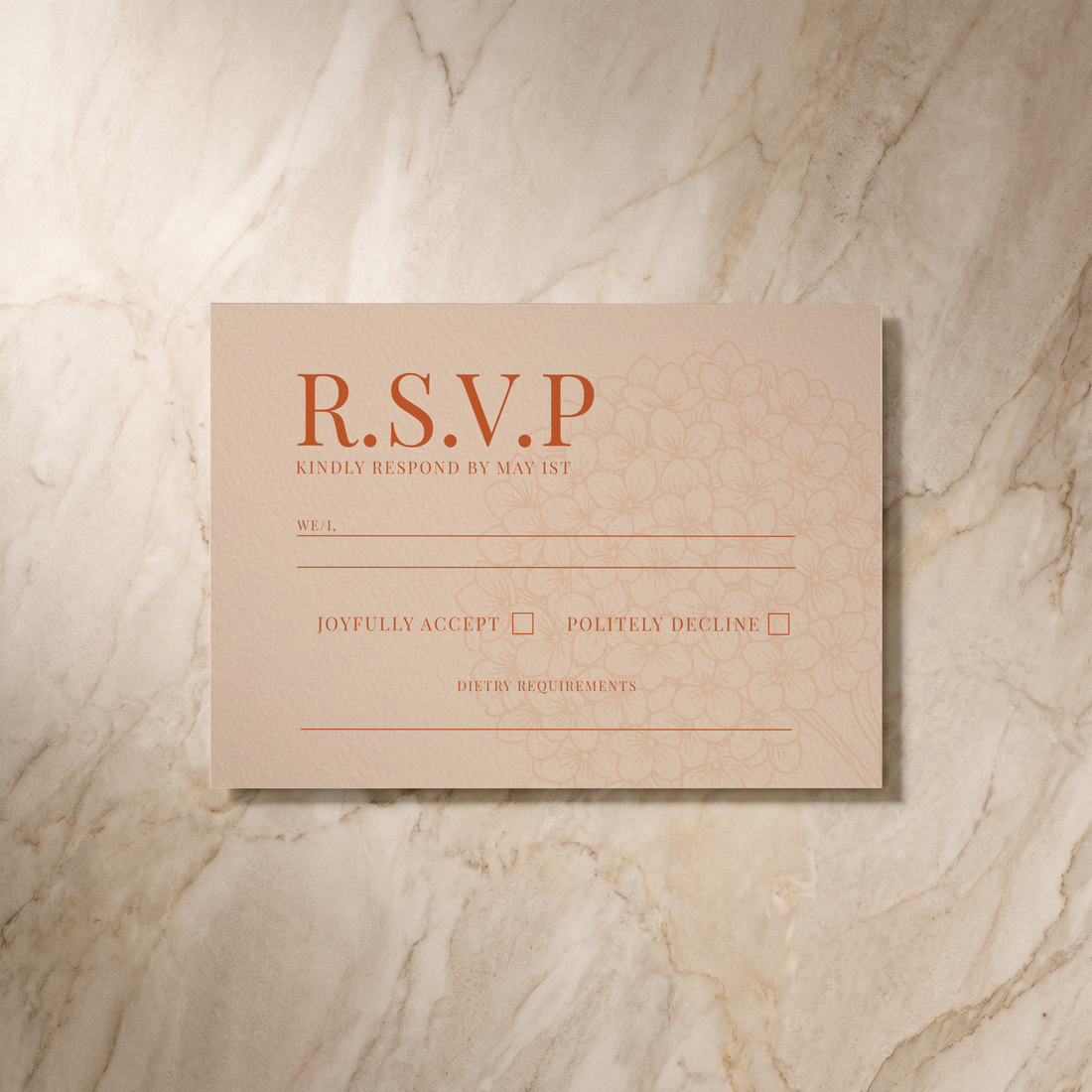 Hydrangea RSVP card, front design, designed and printed in Suffolk