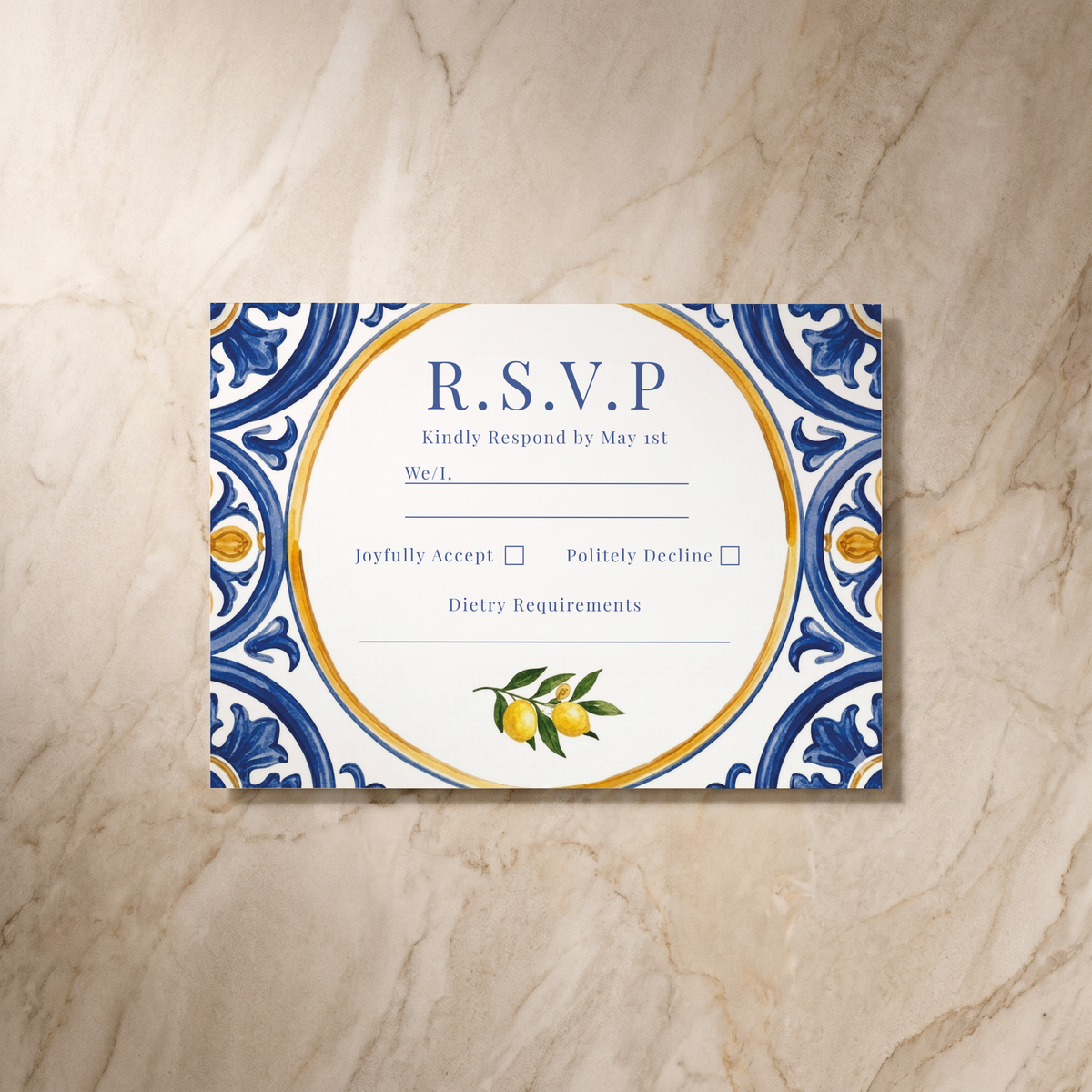 Amalfi RSVP card, front design, designed and printed in Suffolk