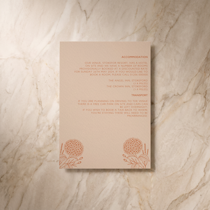 Hydrangea wedding details card, reverse design, designed and printed in Suffolk