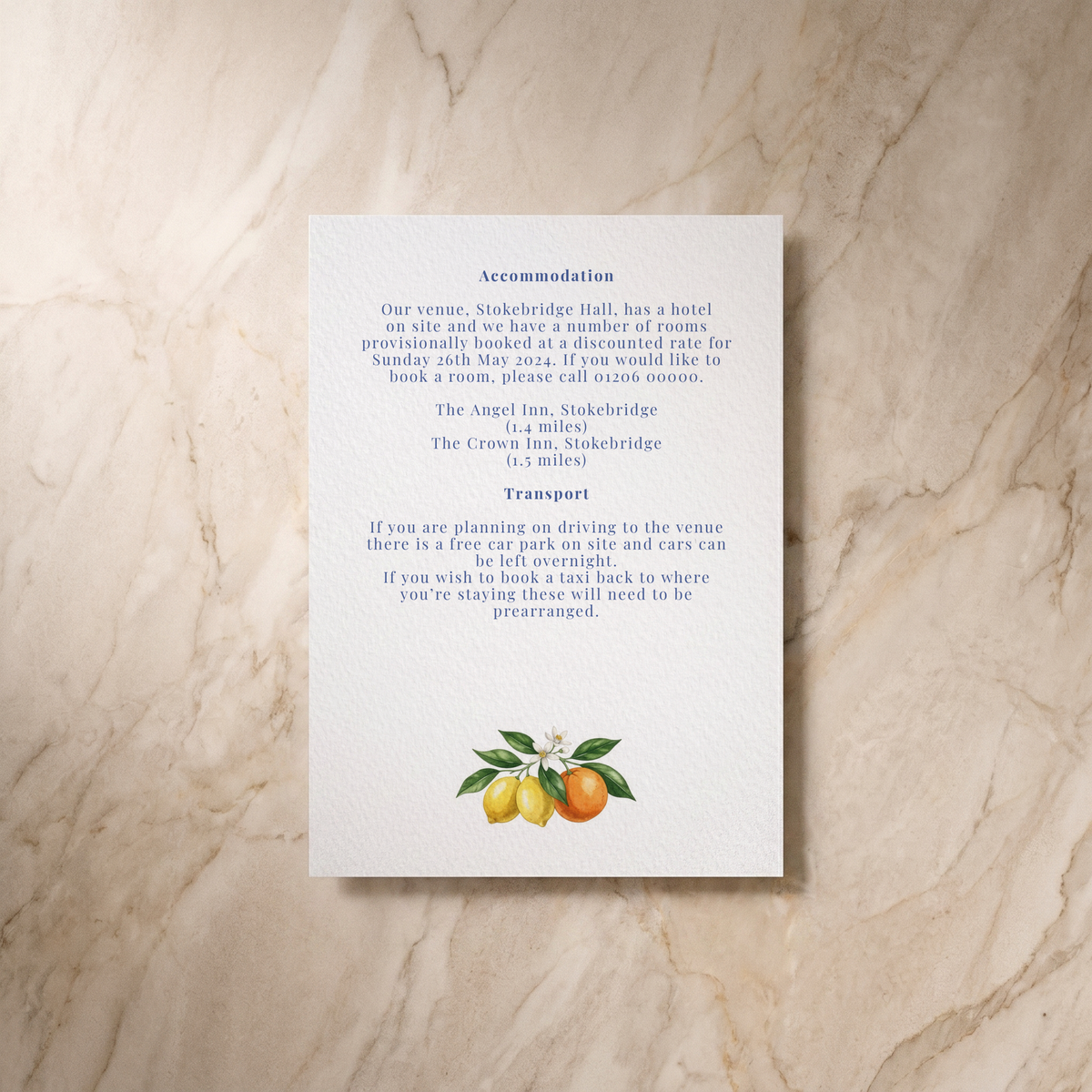 Amalfi wedding details card, reverse design, designed and printed in Suffolk