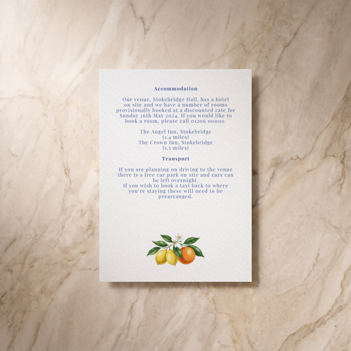 Amalfi wedding details card, reverse design, designed and printed in Suffolk