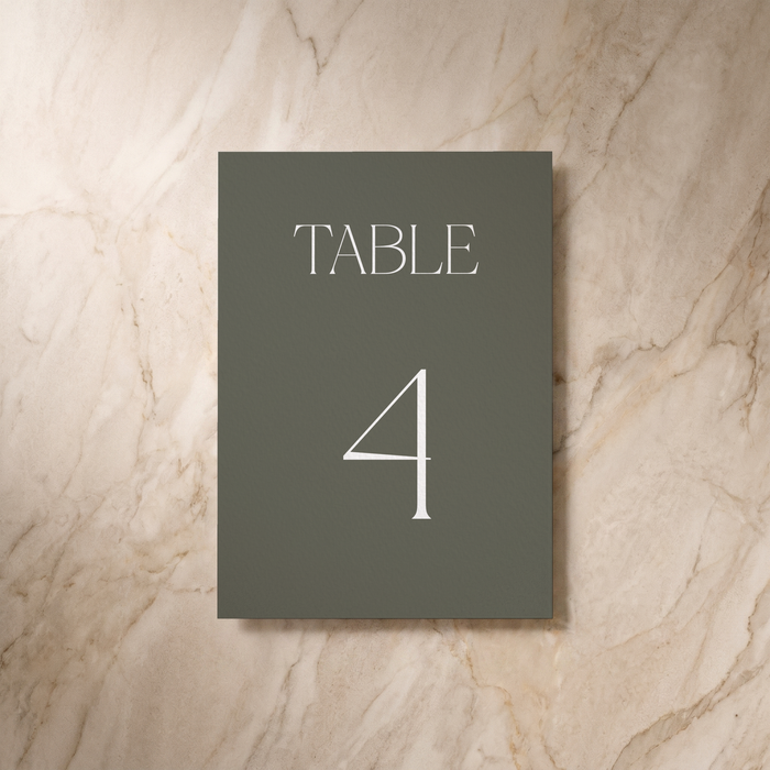 Typeface table number card in forest green, front design, designed and printed in Suffolk
