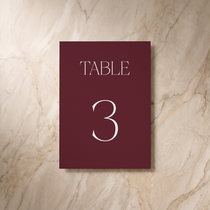 Typeface table number card in maroon, front design, designed and printed in Suffolk