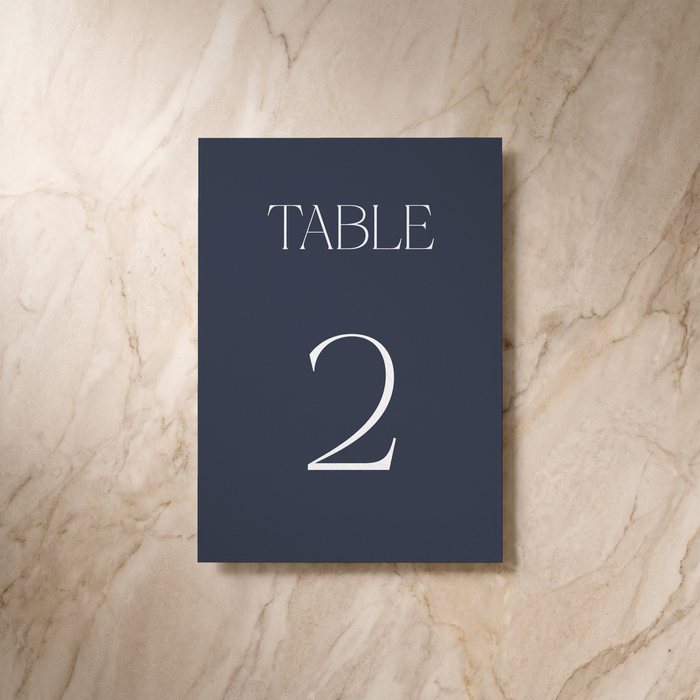Typeface table number card in navy, front design, designed and printed in Suffolk