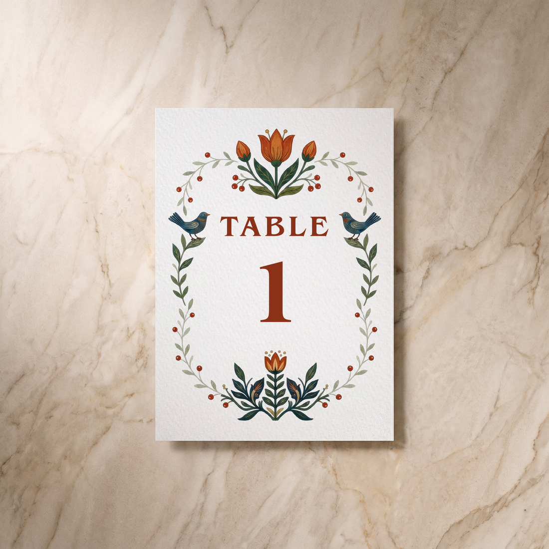 Botanical Folk table number card, front design, designed and printed in Suffolk
