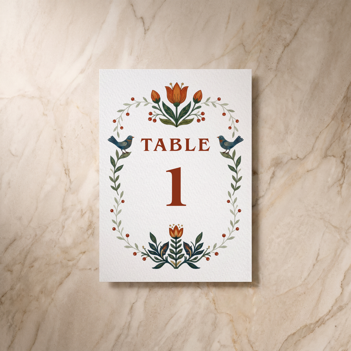Botanical Folk table number card, front design, designed and printed in Suffolk