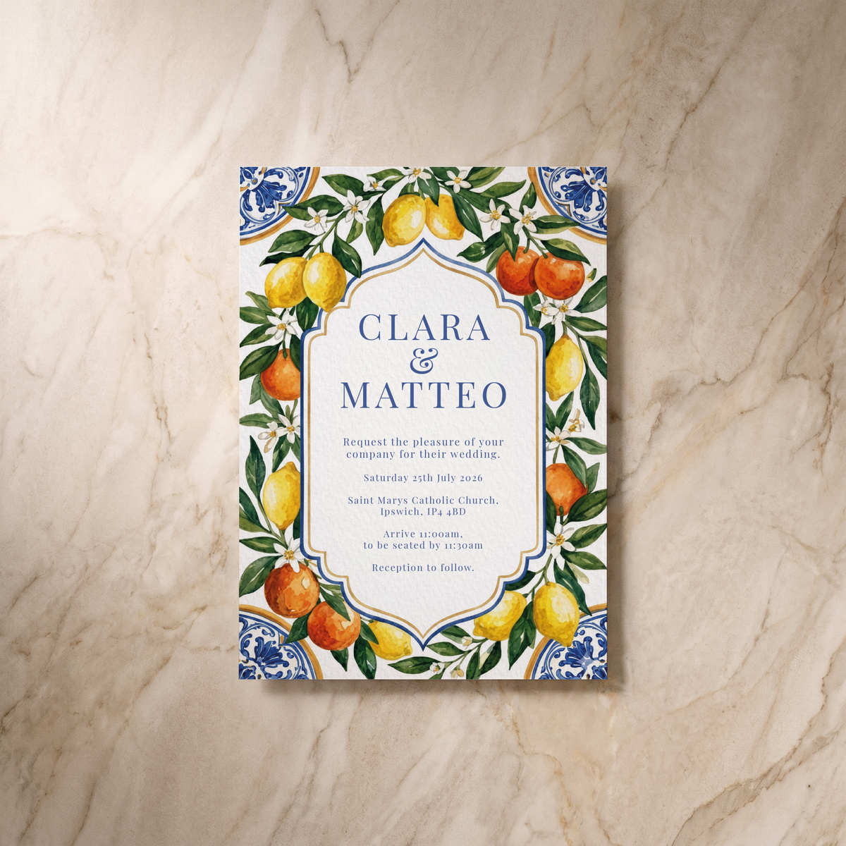 Amalfi wedding invitation, front design, designed and printed in Suffolk