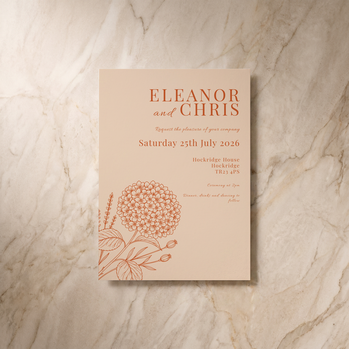 Hydrangea wedding invitation, front design, designed and printed in Suffolk