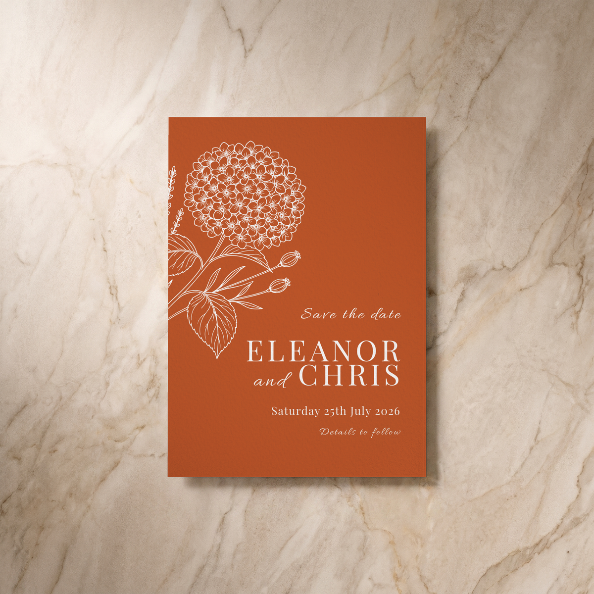 Hydrangea save the date card, front design, designed and printed in Suffolk