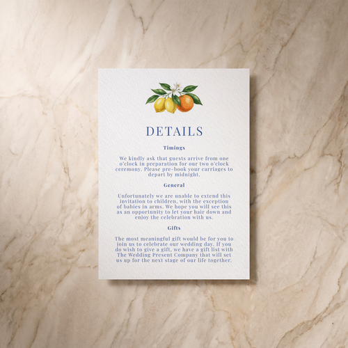 Amalfi wedding details card, front design, designed and printed in Suffolk
