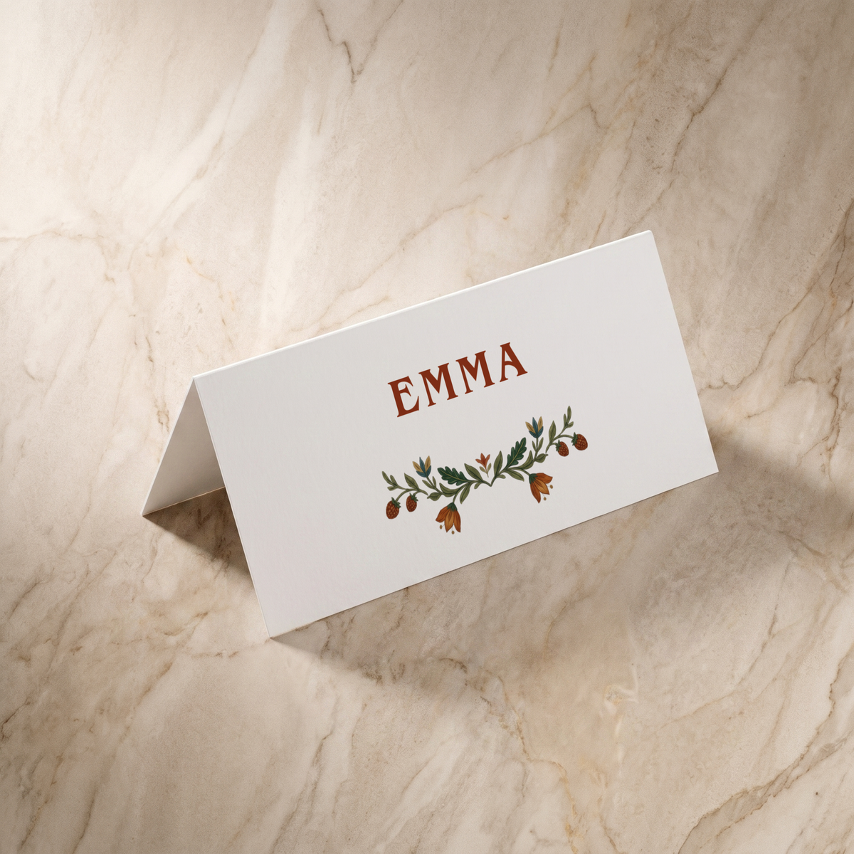 Botanical Folk wedding place card, front design, designed and printed in Suffolk