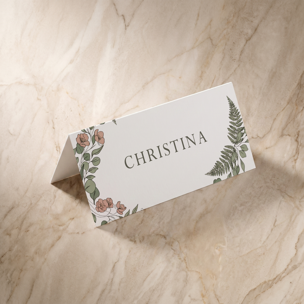 Country Garden wedding place card, front design, designed and printed in Suffolk