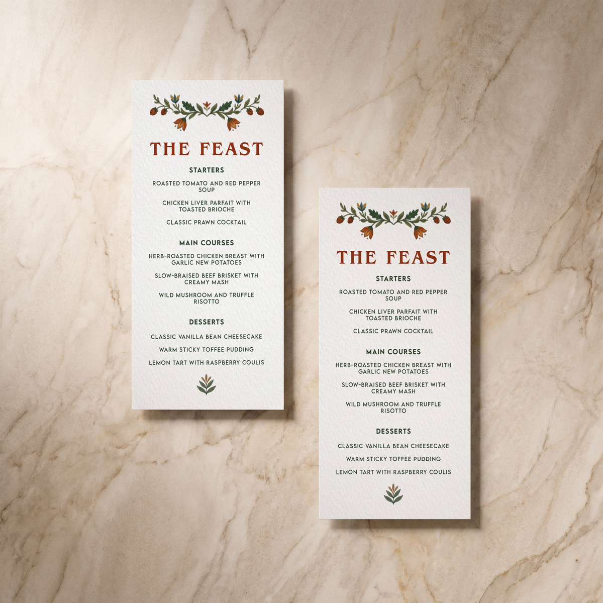 Botanical Folk wedding menu, front and reverse, designed and printed in Suffolk