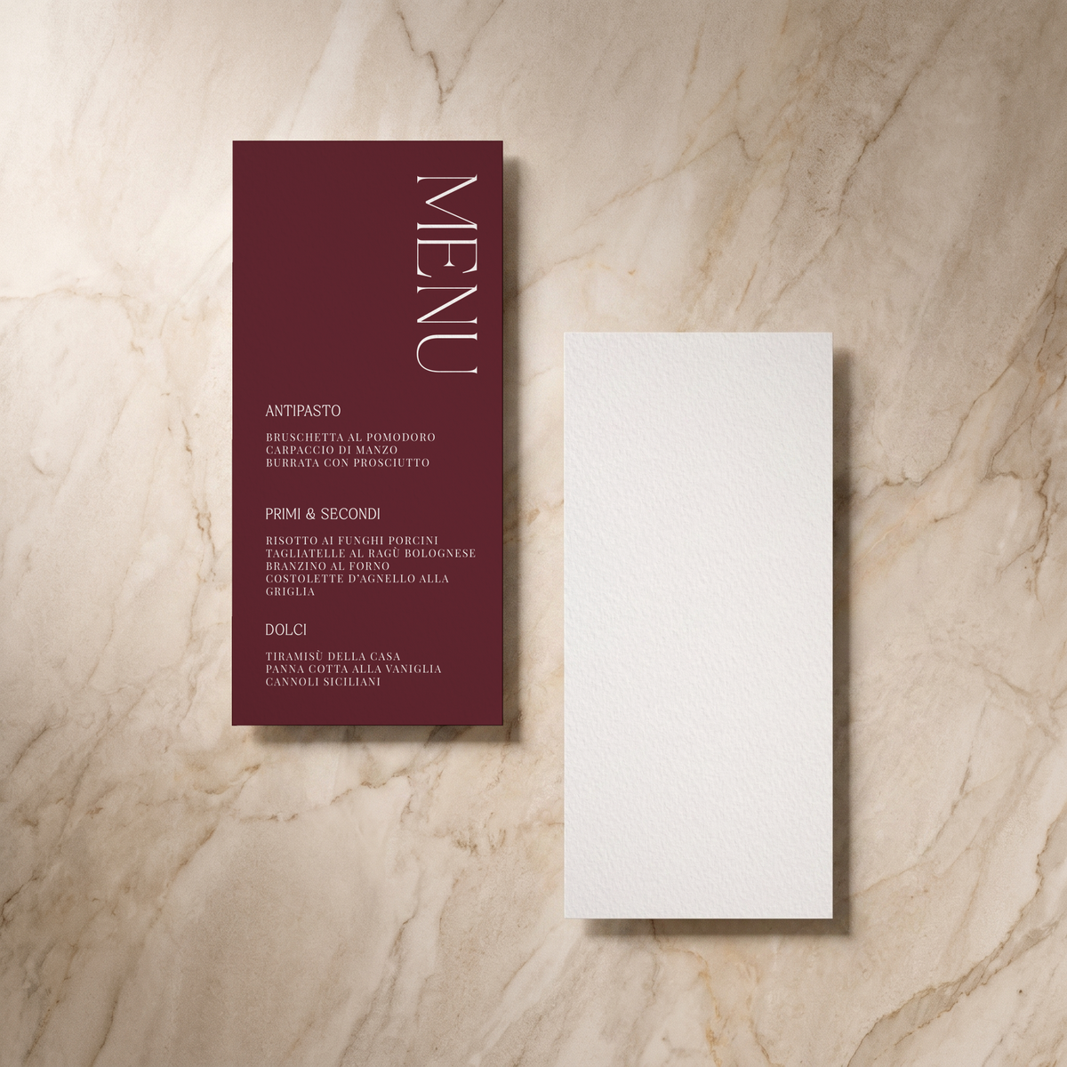 Typeface wedding menu in maroon, front and reverse, designed and printed in Suffolk