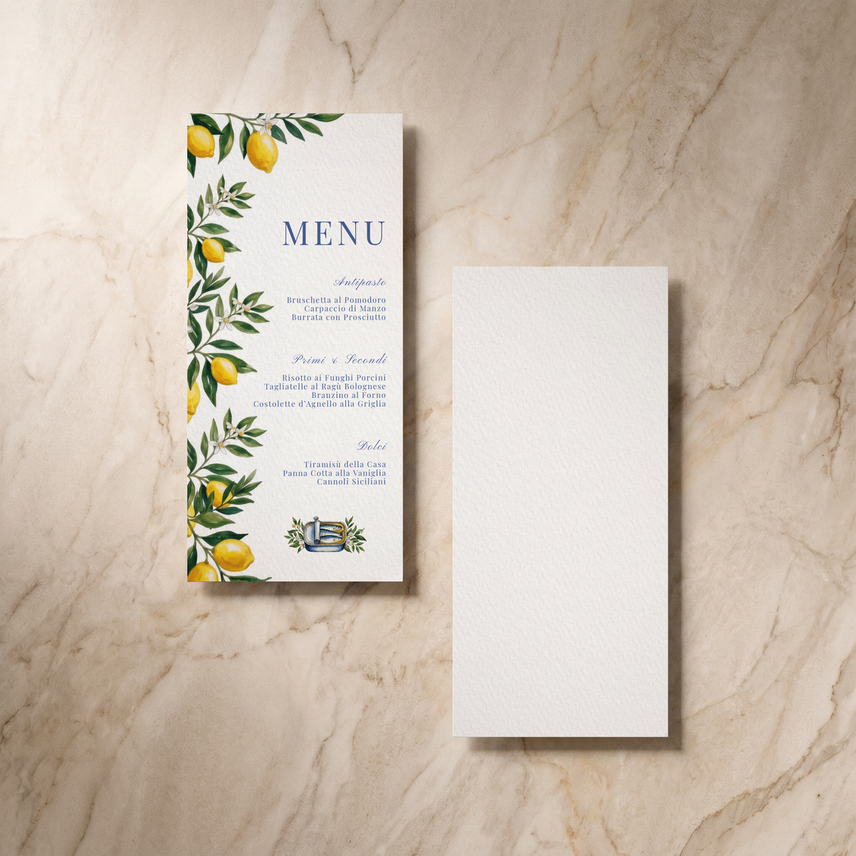 Amalfi wedding menu, front and reverse, designed and printed in Suffolk