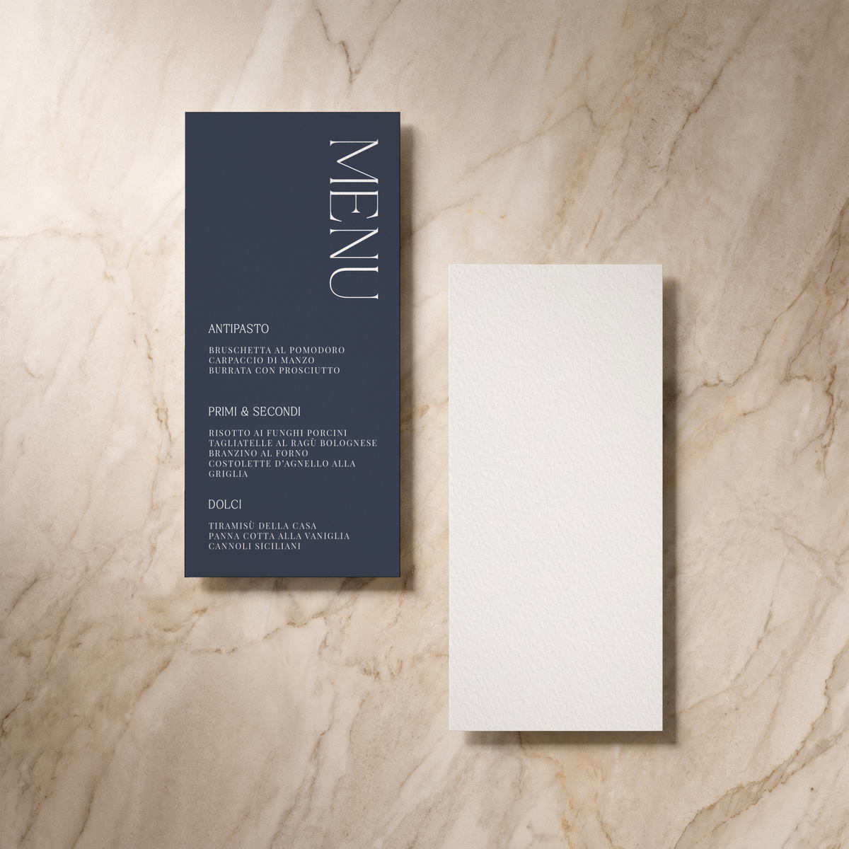 Typeface wedding menu in navy, front and reverse, designed and printed in Suffolk