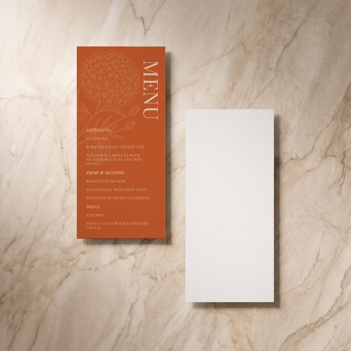 Hydrangea wedding menu, front and reverse, designed and printed in Suffolk