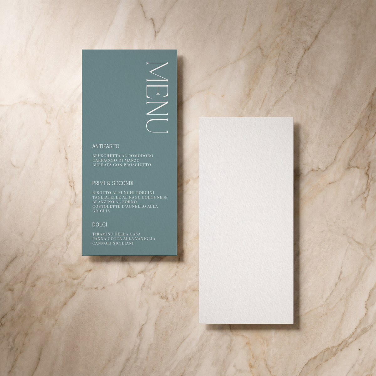 Typeface wedding menu in powder blue, front and reverse, designed and printed in Suffolk