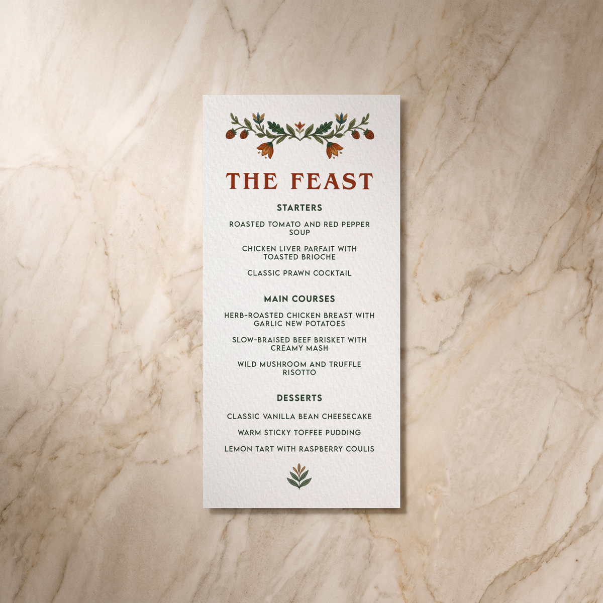 Botanical Folk wedding menu, front design, designed and printed in Suffolk