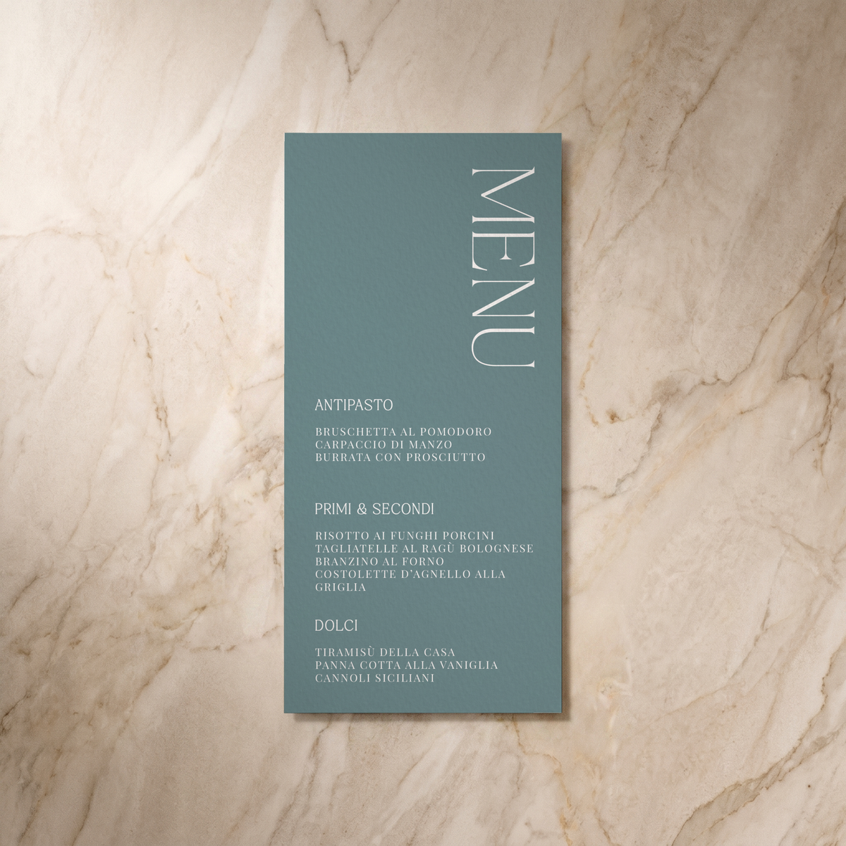 Typeface wedding menu in powder blue, front design, designed and printed in Suffolk