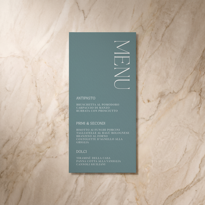 Typeface wedding menu in powder blue, front design, designed and printed in Suffolk