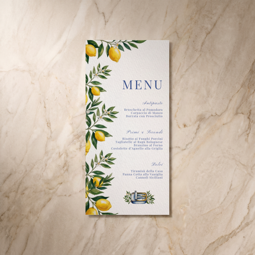 Amalfi wedding menu, front design, designed and printed in Suffolk