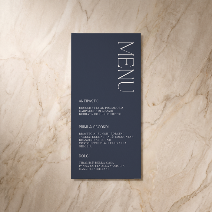 Typeface wedding menu in navy, front design, designed and printed in Suffolk