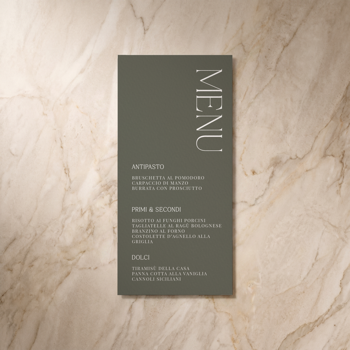 Typeface wedding menu in forest green, front design, designed and printed in Suffolk