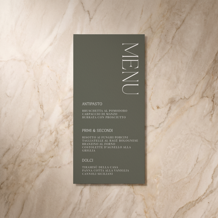 Typeface wedding menu in forest green, front design, designed and printed in Suffolk