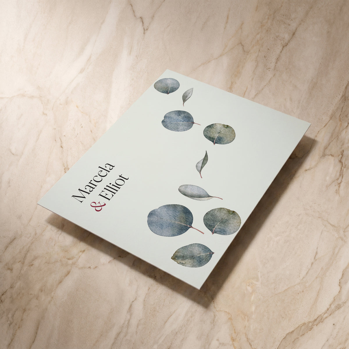Eucalyptus RSVP card, reverse shown at an angle, designed and printed in Suffolk