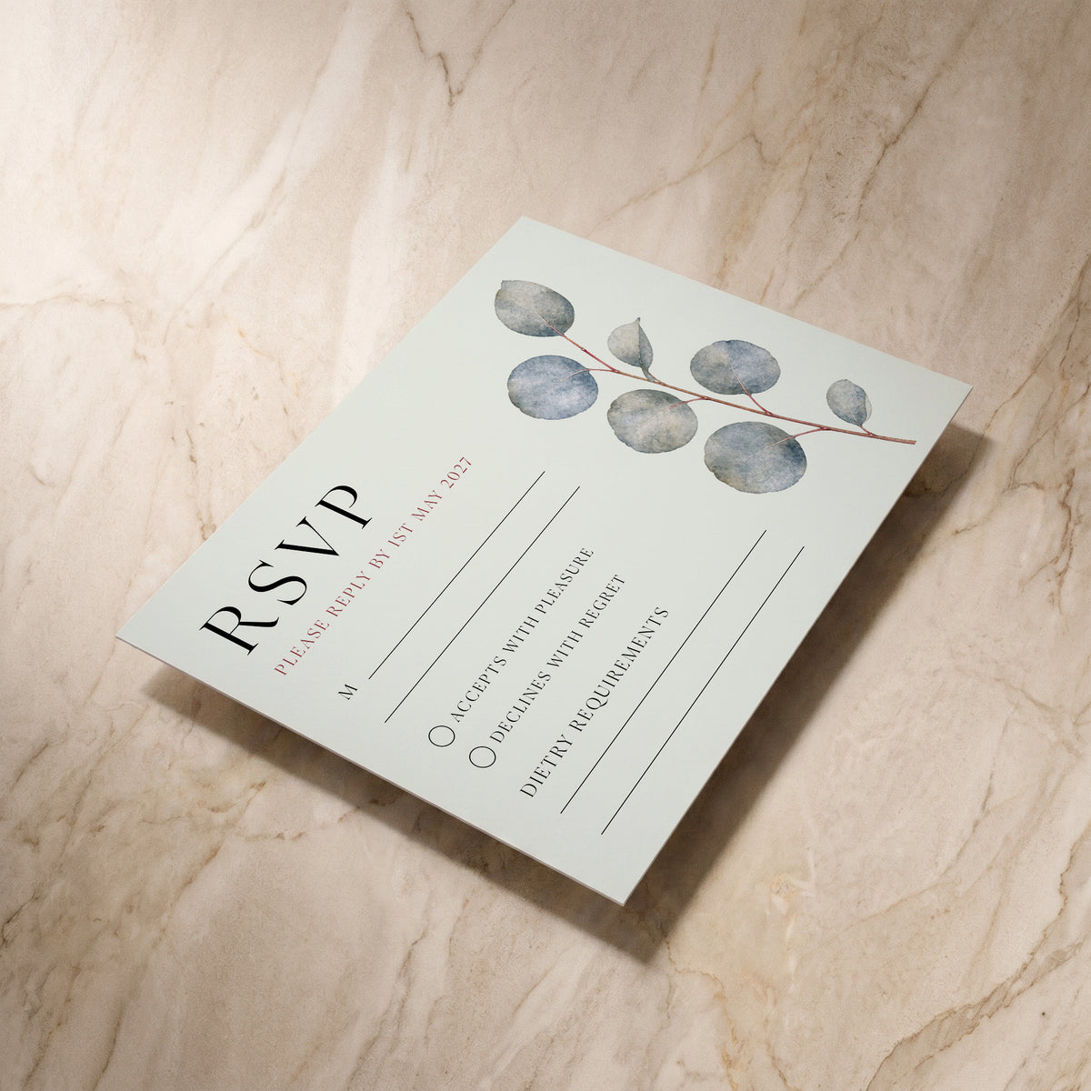 Eucalyptus RSVP card, shown at an angle, designed and printed in Suffolk