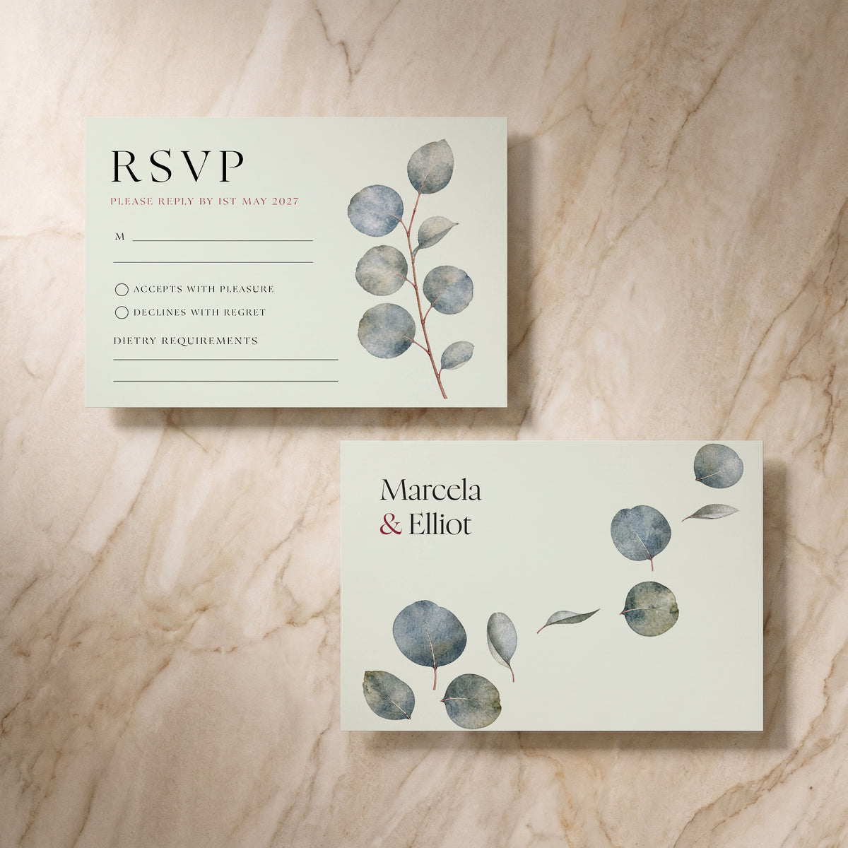 Eucalyptus RSVP card, front and reverse, designed and printed in Suffolk