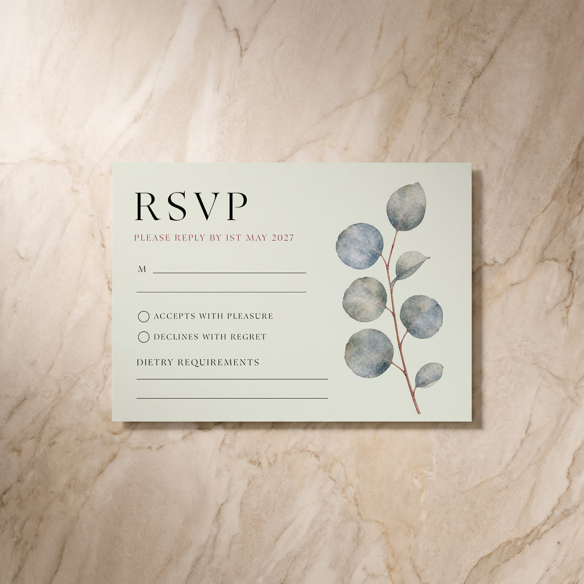 Eucalyptus RSVP card, front design, designed and printed in Suffolk
