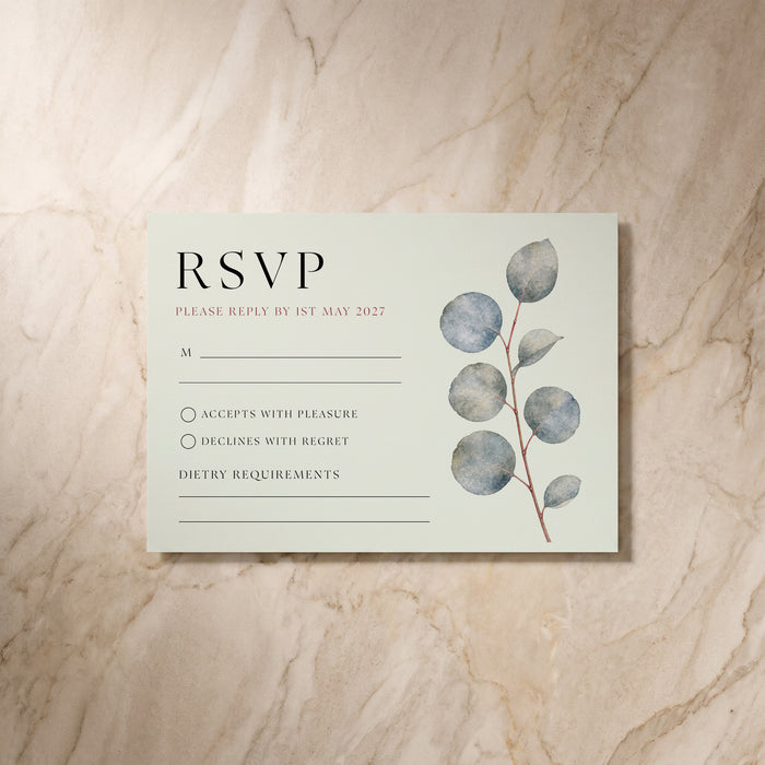 Eucalyptus RSVP card, front design, designed and printed in Suffolk
